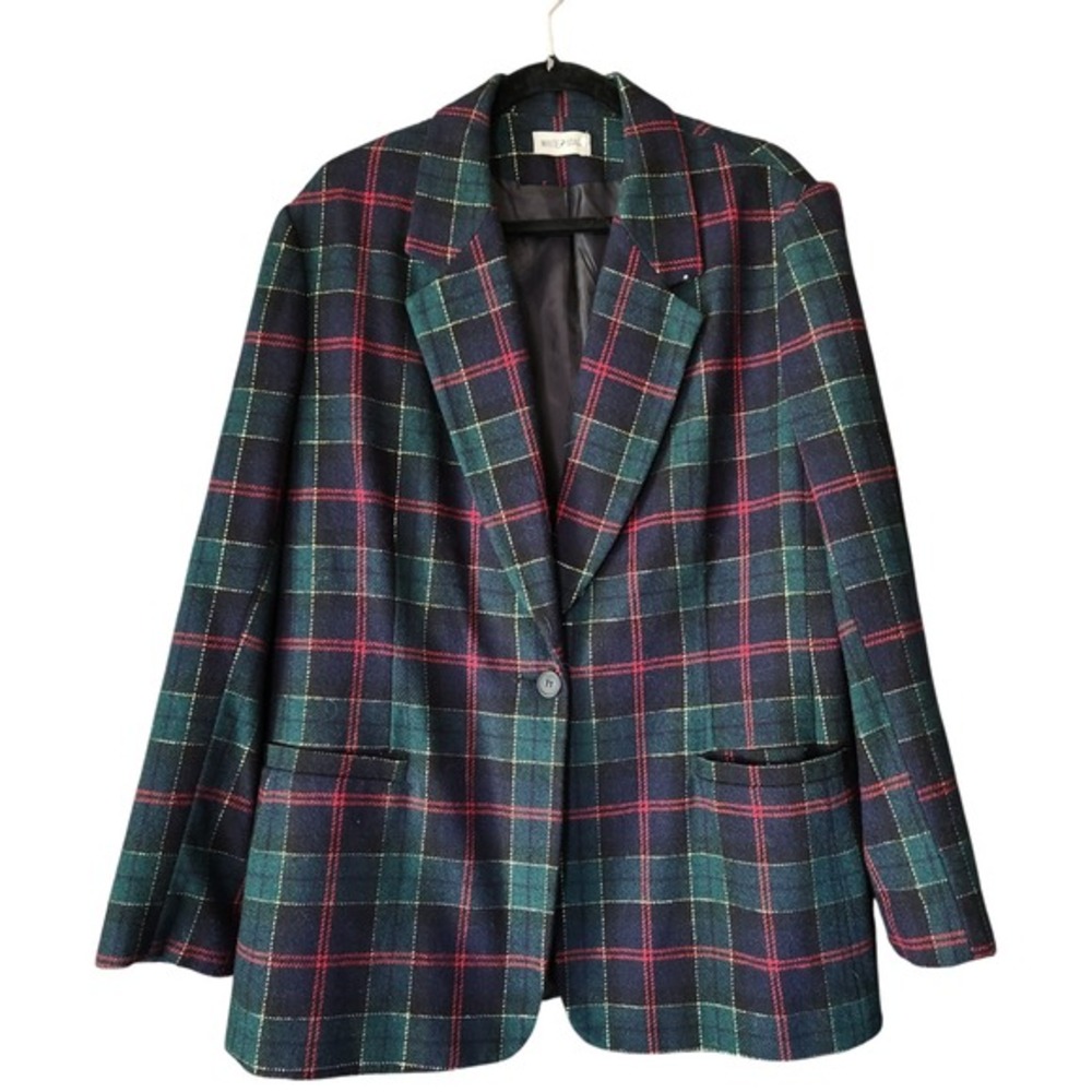 Vintage White Stag Blazer Women's 14 Green‎ Blue Tartan Plaid Clueless Academia